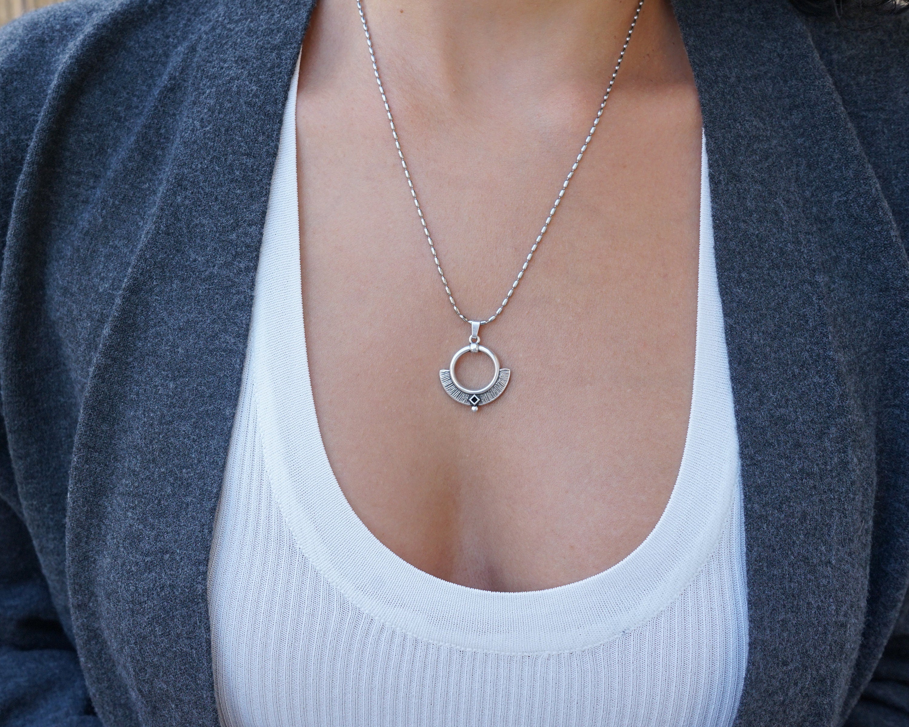 Silver Ethnic Pendant with Black/Turquoise Enamel