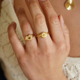 Gold Flower Heart Sun Rays Signet Ring