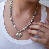 Silver Statement Necklace with Front Toggle Clasp  Engraved Heart Pendant