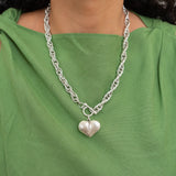 Silver Statement Necklace with Front Toggle Clasp  Engraved Heart Pendant