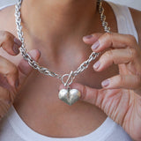 Silver Statement Necklace with Front Toggle Clasp  Engraved Heart Pendant