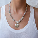 Silver Statement Necklace with Front Toggle Clasp  Engraved Heart Pendant