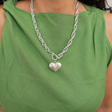 Silver Statement Necklace with Front Toggle Clasp  Engraved Heart Pendant