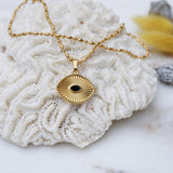Gold Dainty Eye Protection Pendant w BlackEvil Eye Enamel