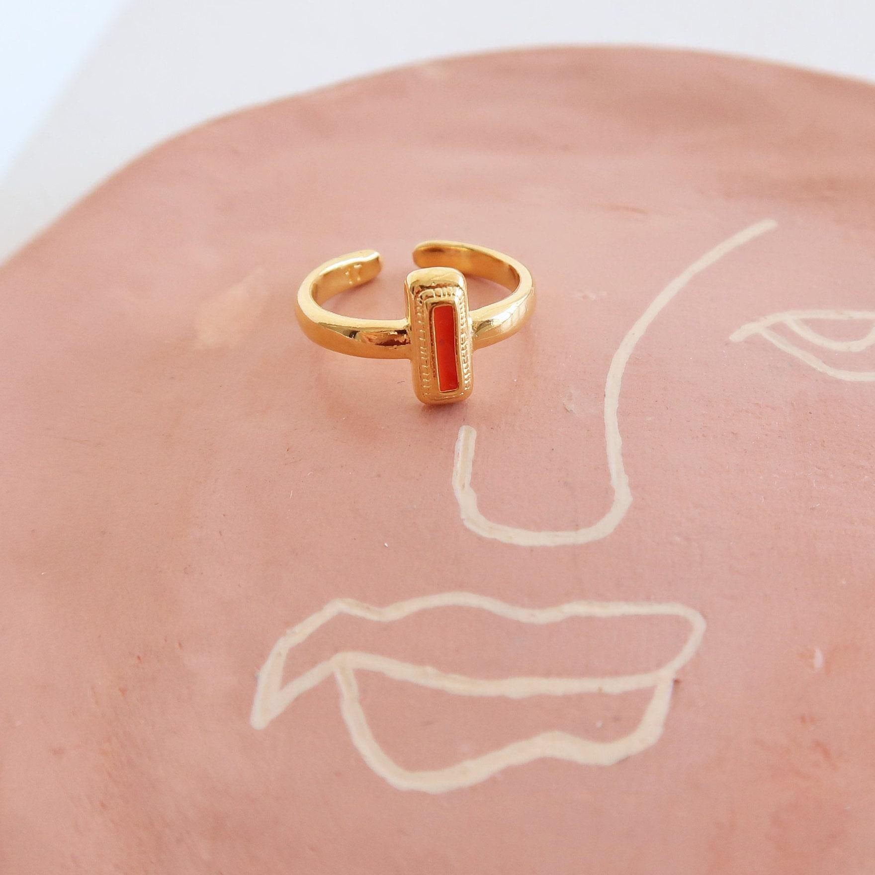 Gold Rectangle White/Orange/Emerald Enamel Ring