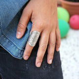 Long Silver Mandala Flower Ring