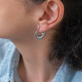 Silver Stainless Steel Thick Crescent Moon with Orbs Hoop Earrings