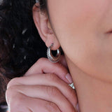 Silver Stainless Steel Thick Crescent Moon with Orbs Hoop Earrings
