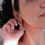 Silver Stainless Steel Thick Crescent Moon with Orbs Hoop Earrings