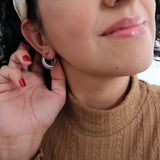 Silver Stainless Steel Thick Crescent Moon with Orbs Hoop Earrings