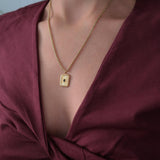 Gold Stainless Steel Rectangle Black Enamel Pendant Necklace