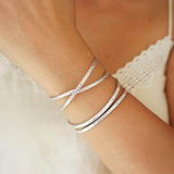 Silver Hammered Cuff Two Lines or X Design Stacking Bracelet