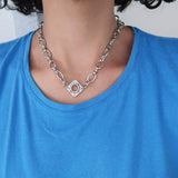 Stainless steel chunky chain choker necklace with a rhombus peendant