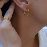 Gold Stainless Steel Thick Round Beaded Hoop Earrings