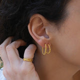 Gold Stainless Steel Thick Round Beaded Hoop Earrings