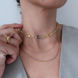 Gold Rectangular Chain Choker with Lines and Blue Enamel Connectors