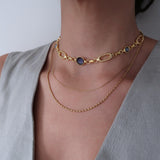 Gold Rectangular Chain Choker with Lines and Blue Enamel Connectors