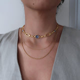 Gold Rectangular Chain Choker with Lines and Blue Enamel Connectors