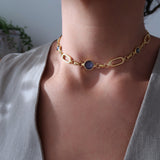 Gold Rectangular Chain Choker with Lines and Blue Enamel Connectors