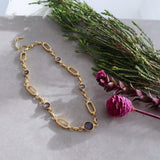 Gold Rectangular Chain Choker with Lines and Blue Enamel Connectors