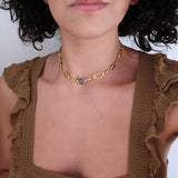 Gold Rectangular Chain Choker with Lines and Blue Enamel Connectors