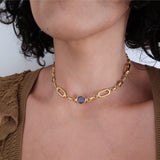 Gold Rectangular Chain Choker with Lines and Blue Enamel Connectors