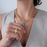 Thick Gold Stainless Steel Chain Collar Necklace with an Aegean Blue Pendant
