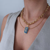 Thick Gold Stainless Steel Chain Collar Necklace with an Aegean Blue Pendant