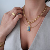 Thick Gold Stainless Steel Chain Collar Necklace with an Aegean Blue Pendant