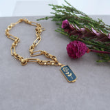Thick Gold Stainless Steel Chain Collar Necklace with an Aegean Blue Pendant
