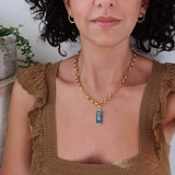 Thick Gold Stainless Steel Chain Collar Necklace with an Aegean Blue Pendant