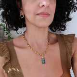 Thick Gold Stainless Steel Chain Collar Necklace with an Aegean Blue Pendant