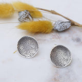 Silver Asymmetric Hammered Disc Stud Earrings