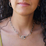 Thick Silver Oval Chain with Black Enamel Stone T-Clasp