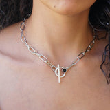 Thick Silver Oval Chain with Black Enamel Stone T-Clasp