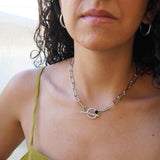 Thick Silver Oval Chain with Black Enamel Stone T-Clasp