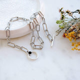 Thick Silver Oval Chain with Black Enamel Stone T-Clasp