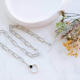 Thick Silver Oval Chain with Black Enamel Stone T-Clasp