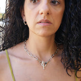 Thick Silver Oval Chain with Black Enamel Stone T-Clasp