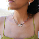 Thick Silver Oval Chain with Black Enamel Stone T-Clasp