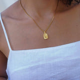 Rectangular Mexican Heart Pendant with Gold Sequin-Crossed Chain