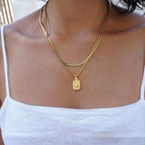 Rectangular Mexican Heart Pendant with Gold Sequin-Crossed Chain