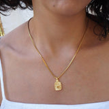 Rectangular Mexican Heart Pendant with Gold Sequin-Crossed Chain
