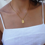 Rectangular Mexican Heart Pendant with Gold Sequin-Crossed Chain