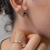 Silver Black Enamel Round Stud Earrings