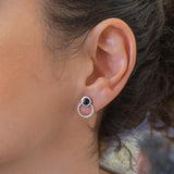 Silver Black Enamel Round Stud Earrings