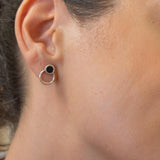 Silver Black Enamel Round Stud Earrings