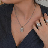 Silver Rectangular Moon Evil Eye Pendant