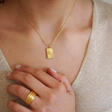 Gold Rectangle Pendant with Flower Necklace