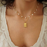 Gold Rectangle Pendant with Flower Necklace